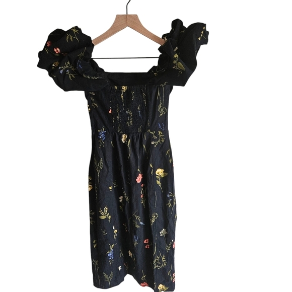 H&M Black Floral Linen Blend Off The Shoulder Midi Dress NWT - Picture 3 of 11